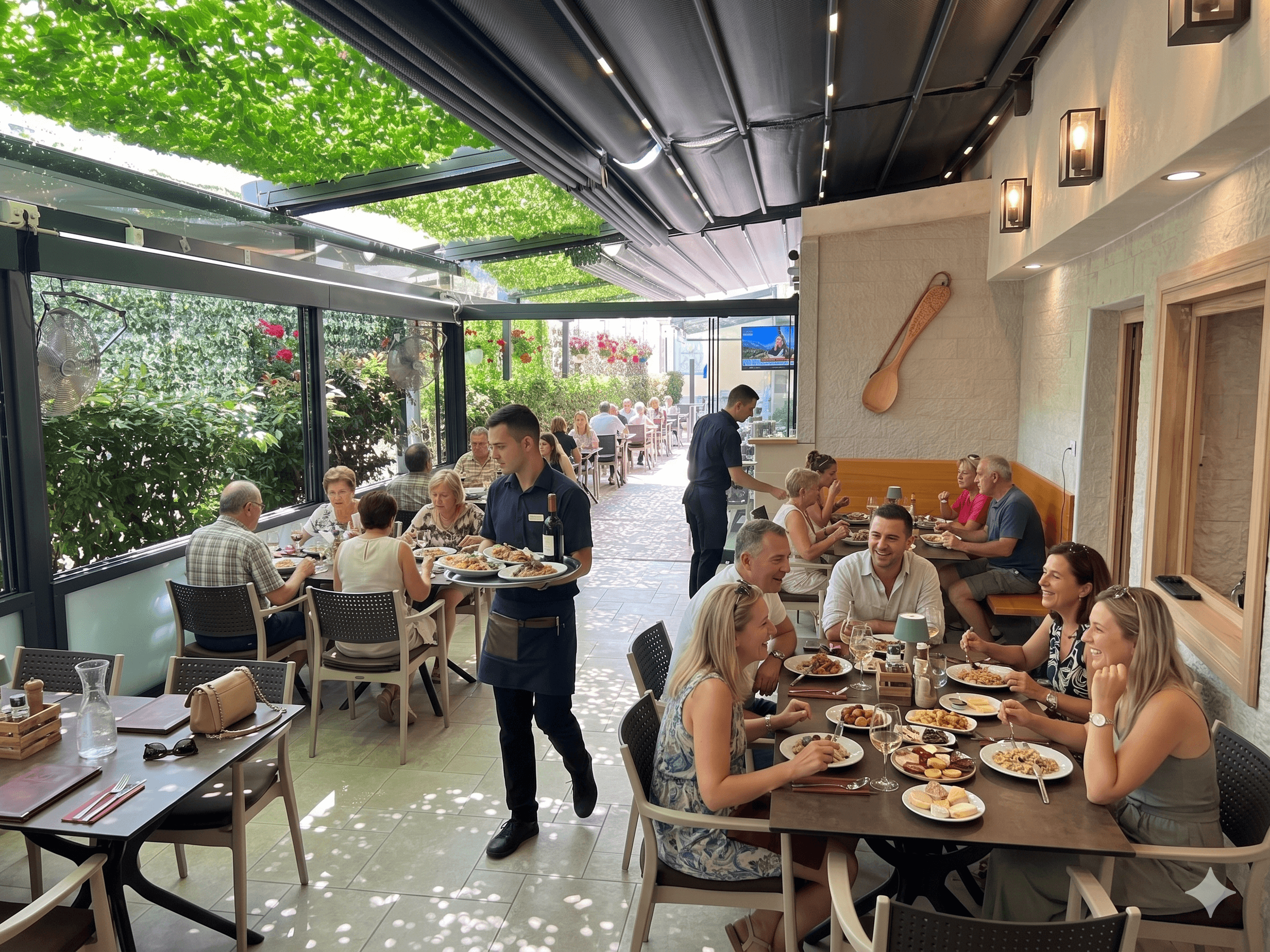 Pogled na terasu Restorana Zlatna Vrata ispod pergole s bršljanom.