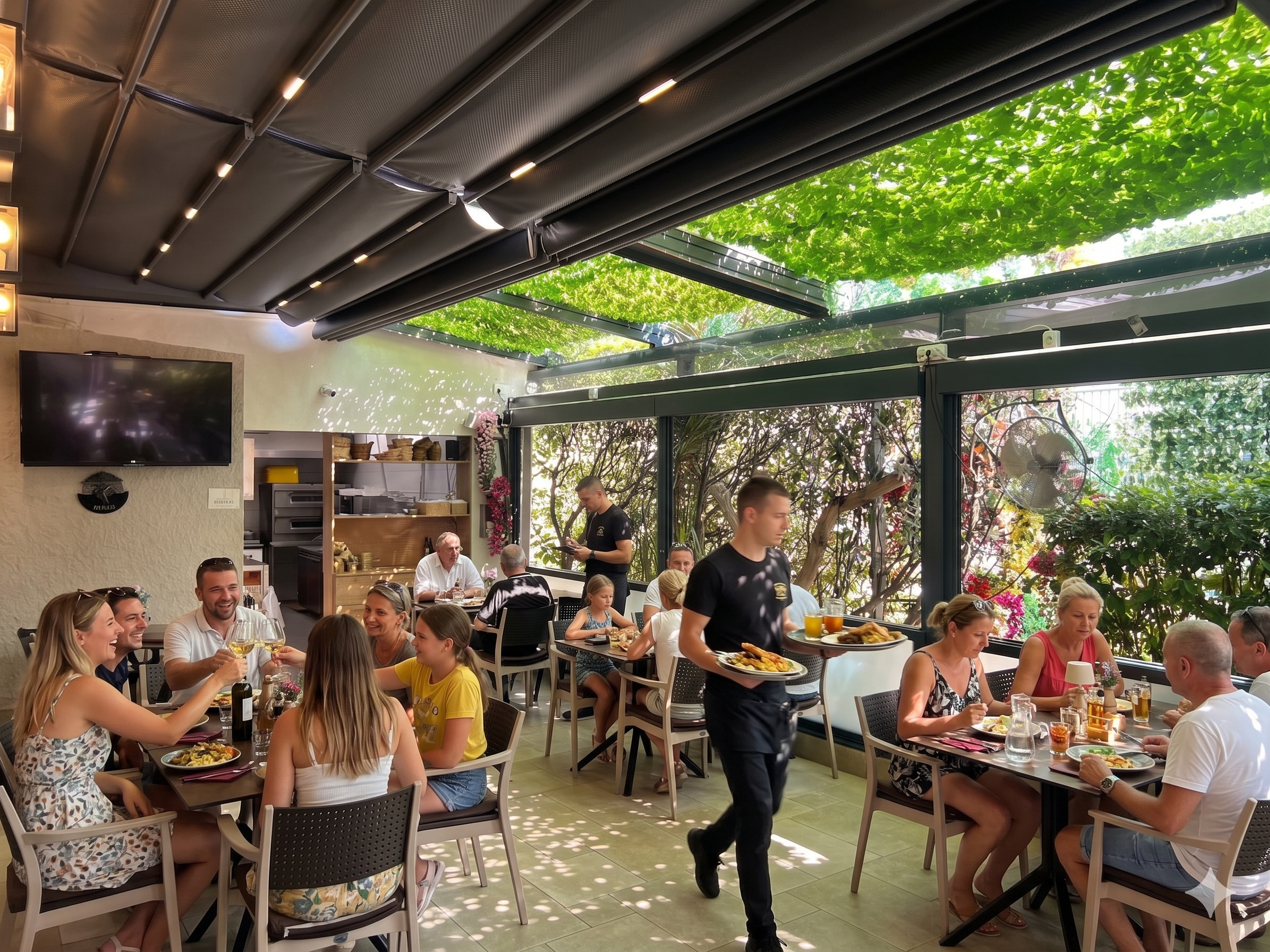 Terasa Restorana Zlatna Vrata u Puli — gosti za stolovima ispod drvene pergole.