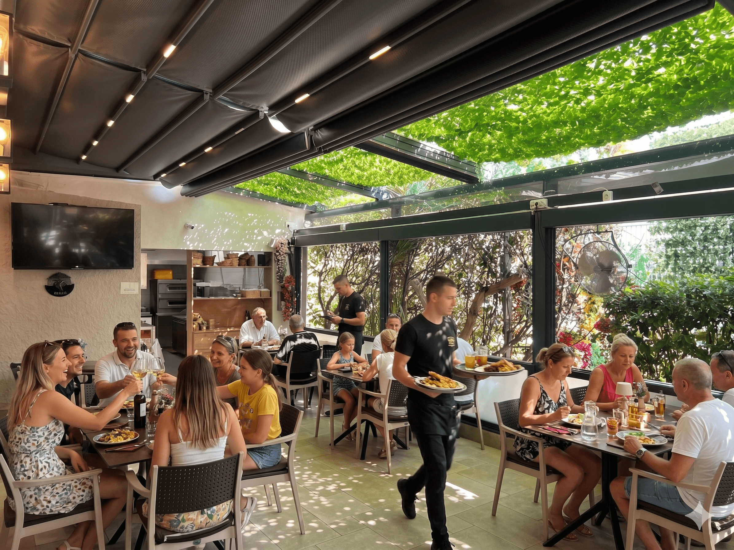Terasa Restorana Zlatna Vrata u Puli — gosti za stolovima ispod drvene pergole.